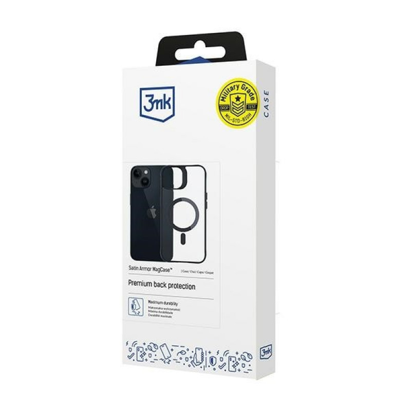 3MK Satin Armor MagCase con MagSafe per Apple iPhone 13 / 14, trasparente con cornice nera (156075-0)