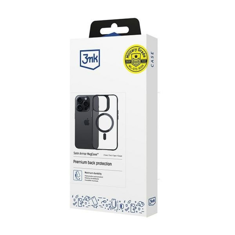 3MK Satin Armor MagCase con MagSafe per Apple iPhone 15 Pro, trasparente con cornice nera