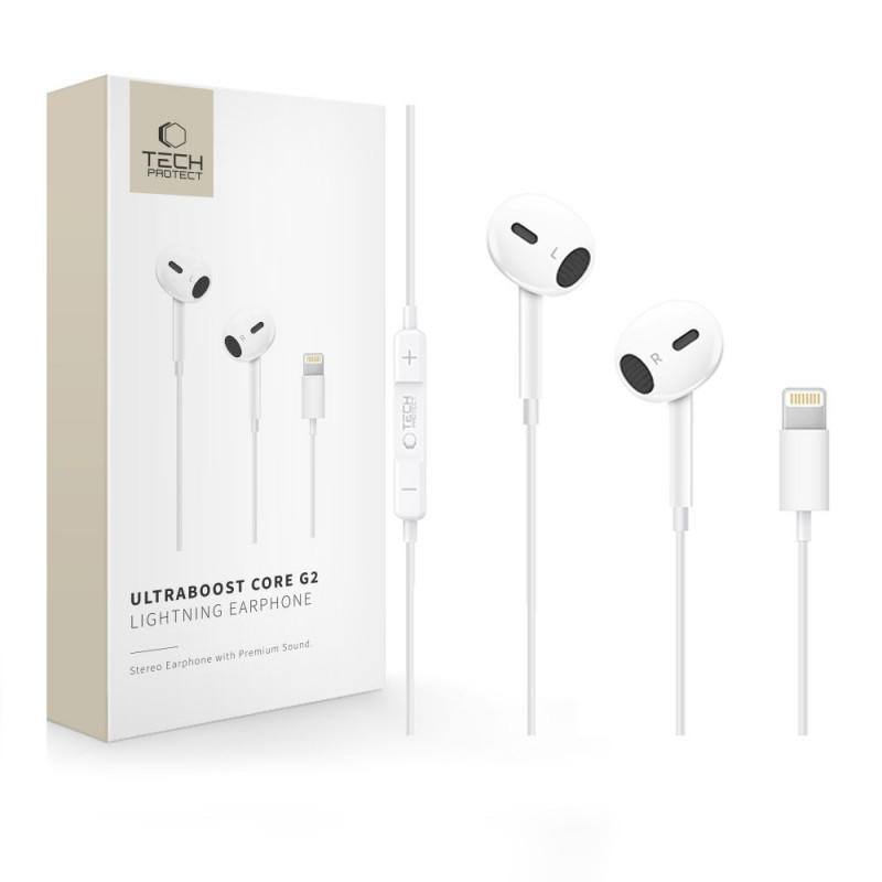 Cuffie auricolari con filo Tech-Protect Ultraboost Core G2 Lightning, bianche (THP4681)
