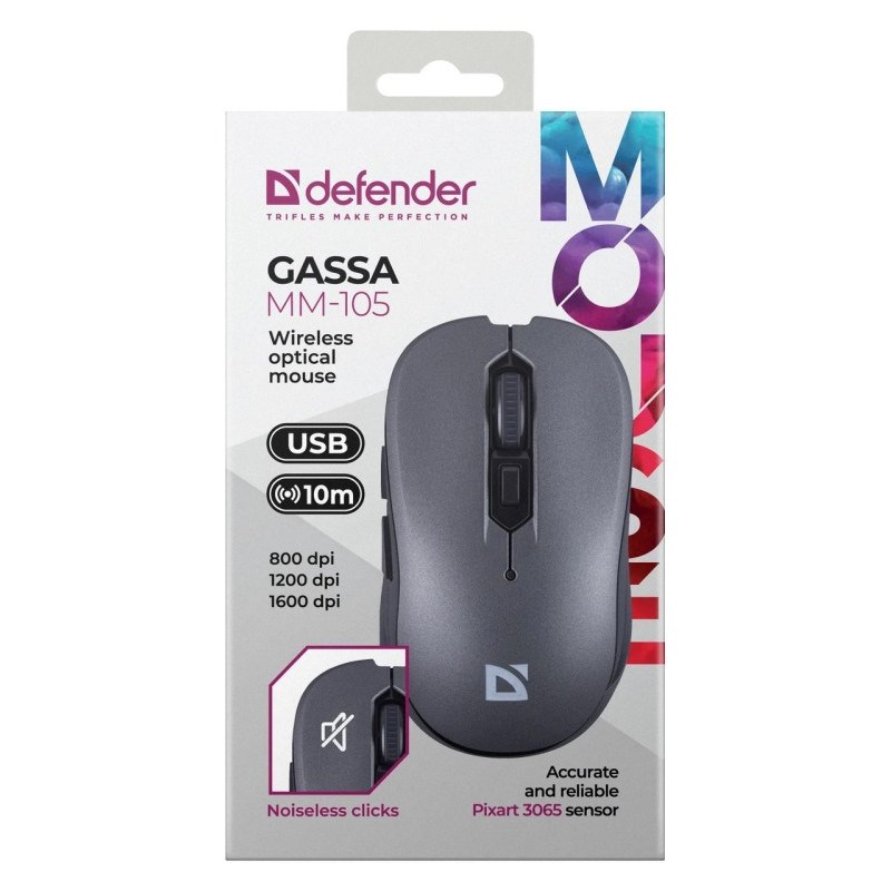 Mouse wireless silenzioso Defender Gassa MM-105 RF, grigio