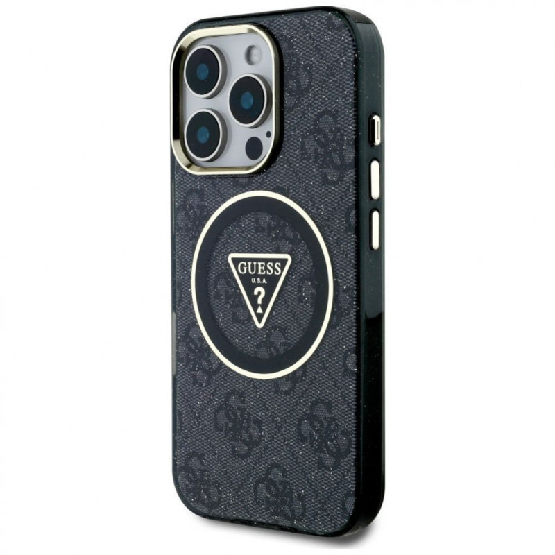 Custodia MagSafe Guess GUHMP16LHG4PRTGK IML Metal Glitter 4G Circle Triangle per Apple iPhone 16 Pro, nera
