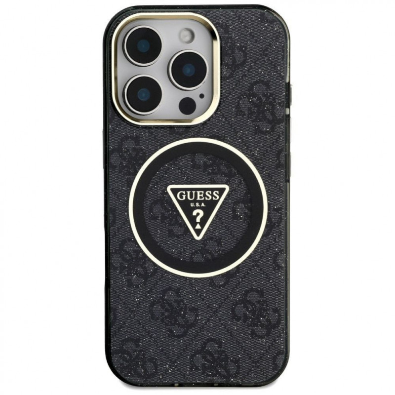 Custodia MagSafe Guess GUHMP16LHG4PRTGK IML Metal Glitter 4G Circle Triangle per Apple iPhone 16 Pro, nera