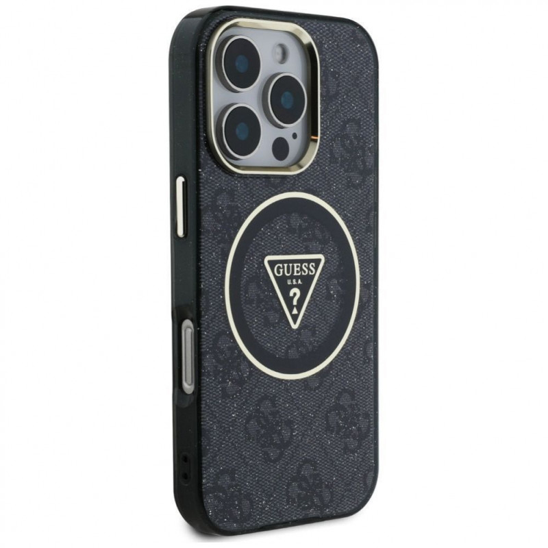 Custodia MagSafe Guess GUHMP16LHG4PRTGK IML Metal Glitter 4G Circle Triangle per Apple iPhone 16 Pro, nera