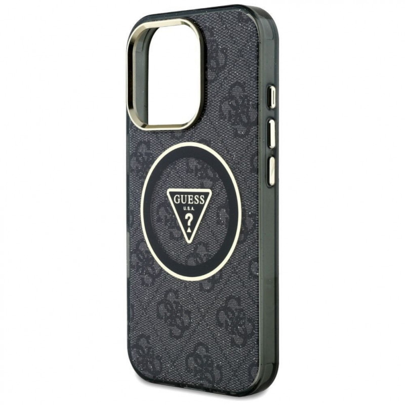 Custodia MagSafe Guess GUHMP16LHG4PRTGK IML Metal Glitter 4G Circle Triangle per Apple iPhone 16 Pro, nera