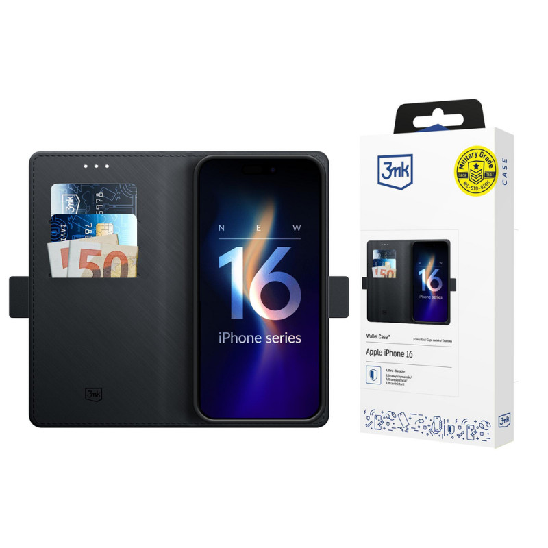 Custodia wallet 3MK per Apple iPhone 16, nera