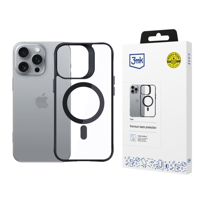3mk Satin Armor MagCase con MagSafe per Apple iPhone 16 Pro, trasparente con cornice nera