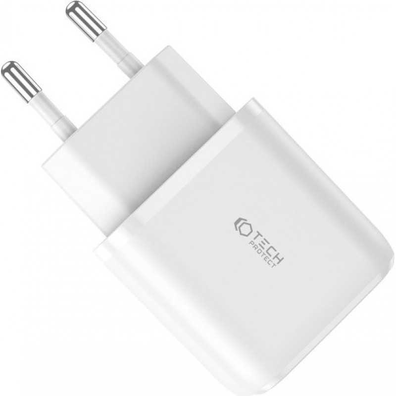 Caricabatterie da parete Tech-Protect C20W a 2 porte, USB-C PD 20W e USB-A QC 3.0, bianco