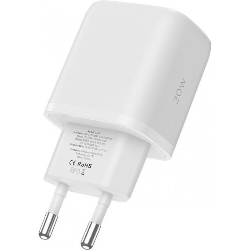 Caricabatterie da parete Tech-Protect C20W a 2 porte, USB-C PD 20W e USB-A QC 3.0, bianco