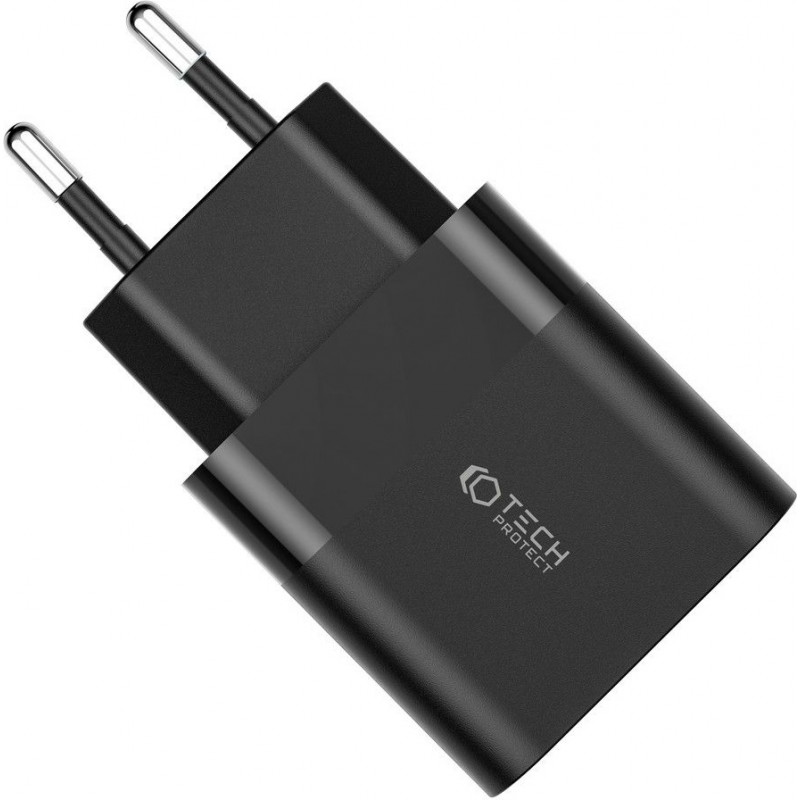 Caricatore da parete Tech-Protect C30W a 2 porte, USB-C PD 30W e USB-A QC 3.0, nero