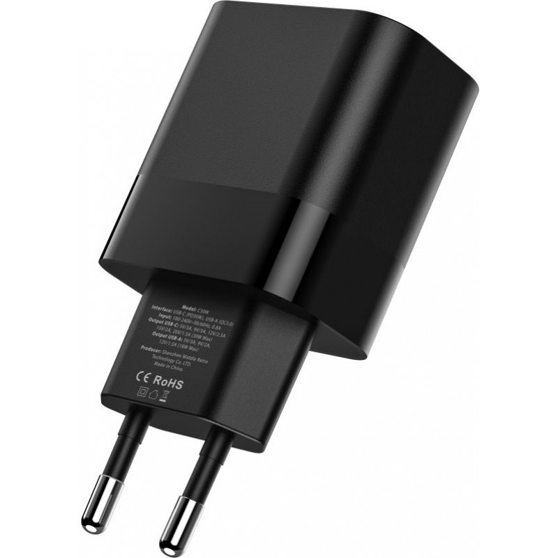 Caricatore da parete Tech-Protect C30W a 2 porte, USB-C PD 30W e USB-A QC 3.0, nero