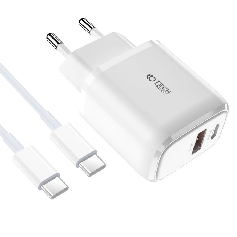 Caricatore da parete Tech-Protect C20W 2 porte PD 20W QC 3.0 con cavo USB-C, bianco