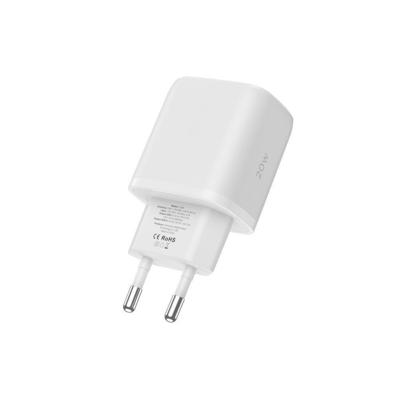 Caricatore da parete Tech-Protect C20W 2 porte PD 20W QC 3.0 con cavo USB-C, bianco