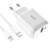 Caricatore da parete Tech-Protect C20W 2 porte PD 20W QC 3.0 con cavo Lightning, bianco