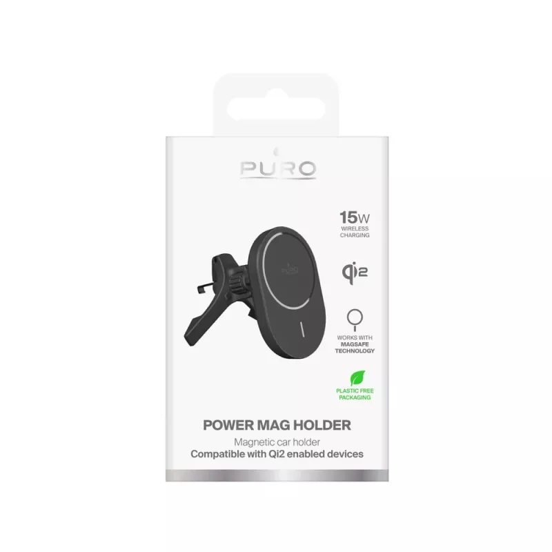 Supporto auto PURO con caricatore Qi2, compatibile MagSafe, nero