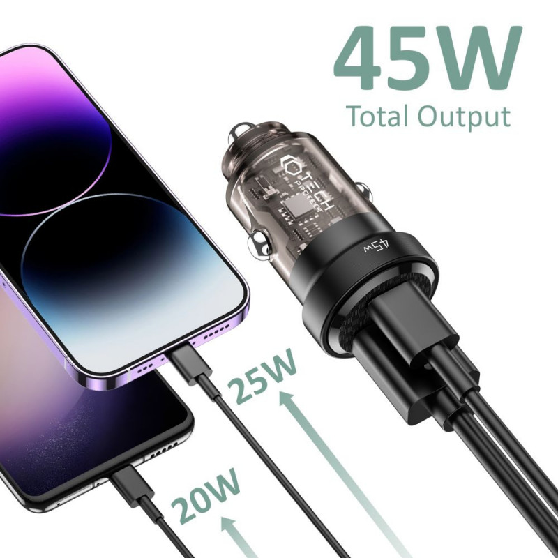 Caricabatterie da auto Tech-Protect CC45W a 2 porte, USB-C PD 45W, USB-A QC 3.0, nero