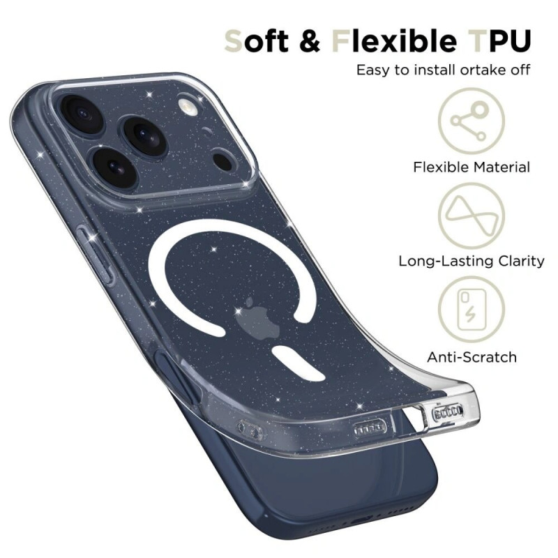 Custodia Tech-Protect FlexAir MagSafe per Apple iPhone 17 Pro Max, glitter trasparente