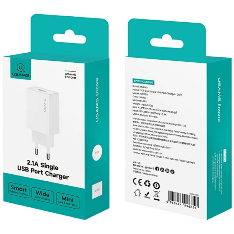 Caricabatterie da parete USAMS CC326 T69 USB-A, 10,5 W, 2,1 A, bianco