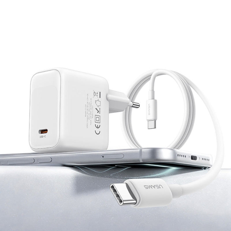 Caricabatterie da parete USAMS CC339 T76 45W GaN USB-C con cavo SJ711 USB-C a USB-C (1 m), bianco