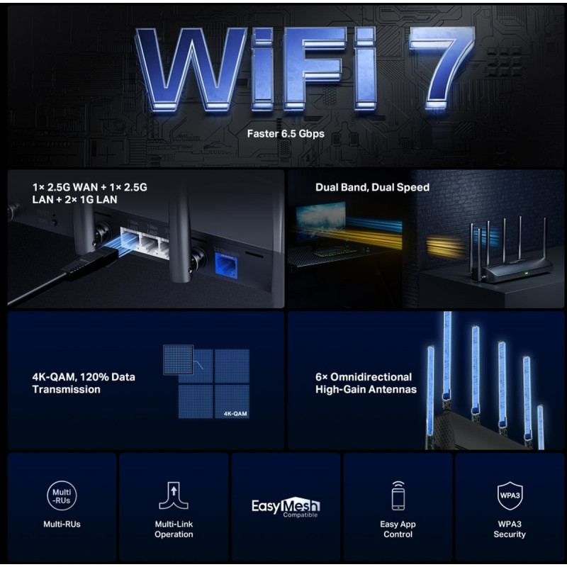 Router Wi-Fi 7 dual band Mercusys MR37BE, fino a 6500 Mbps
