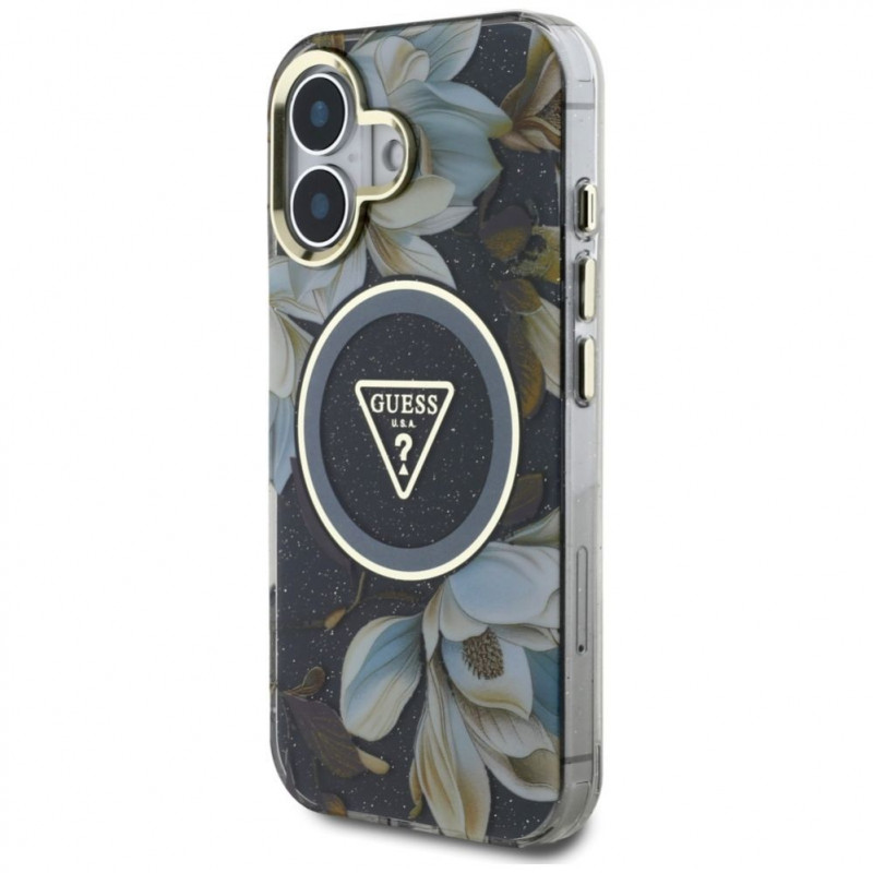 Custodia MagSafe Guess Glitter Flowers Triangle Buttons per Apple iPhone 16, nera
