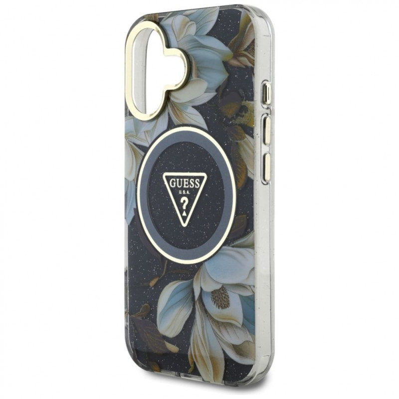 Custodia MagSafe Guess Glitter Flowers Triangle Buttons per Apple iPhone 16, nera