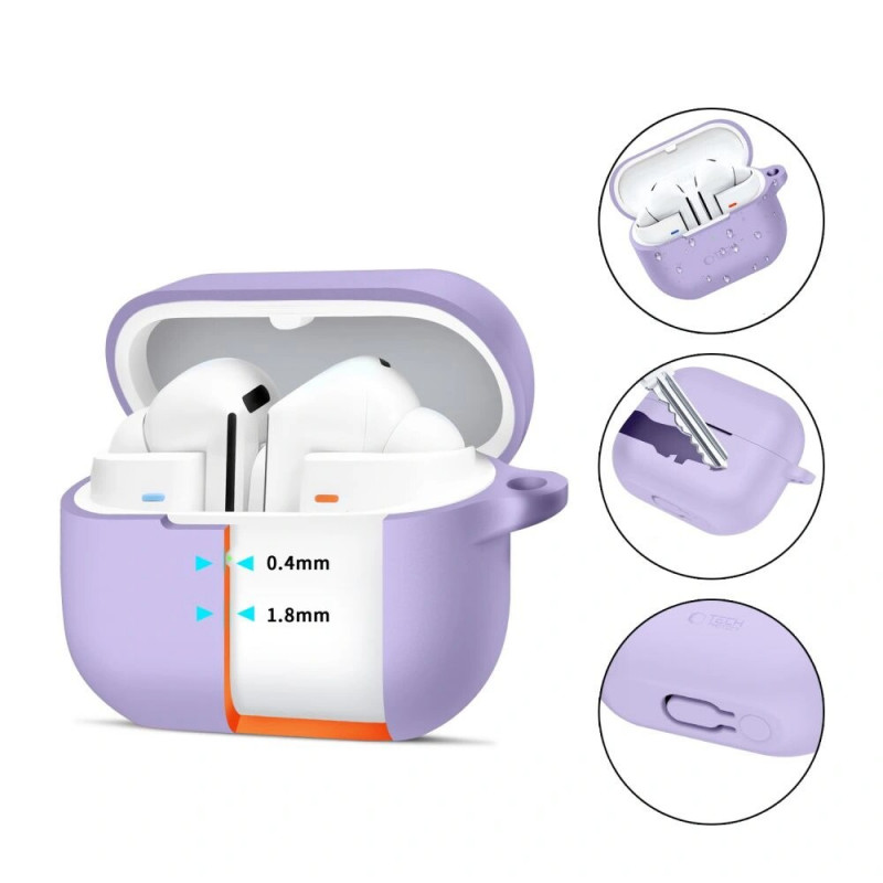 Custodia in silicone con gancio Tech-Protect per Samsung Galaxy Buds 3 / 3 FE / 3 Pro, lavanda