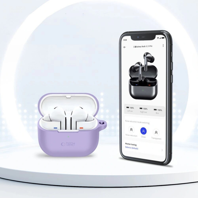 Custodia in silicone con gancio Tech-Protect per Samsung Galaxy Buds 3 / 3 FE / 3 Pro, lavanda