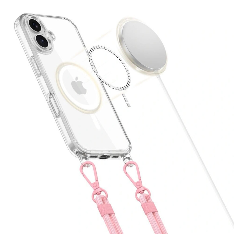 Custodia Tech-Protect FlexAir Chain MagSafe per Apple iPhone 16, trasparente, con laccetti grigi e rosa