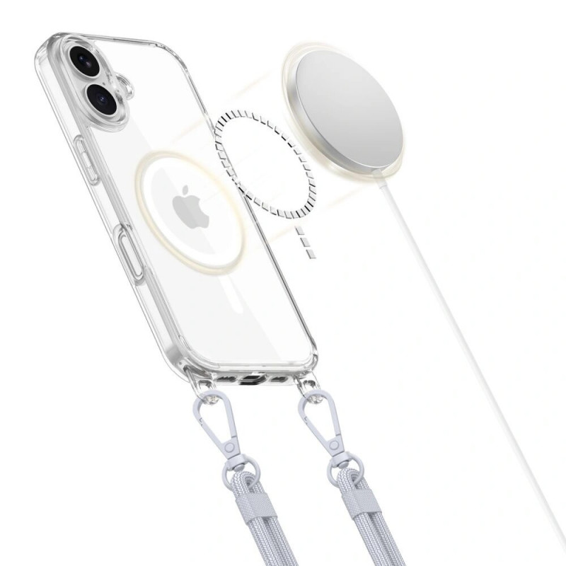 Custodia Tech-Protect FlexAir Chain MagSafe per Apple iPhone 16, trasparente, con laccetti grigi e rosa