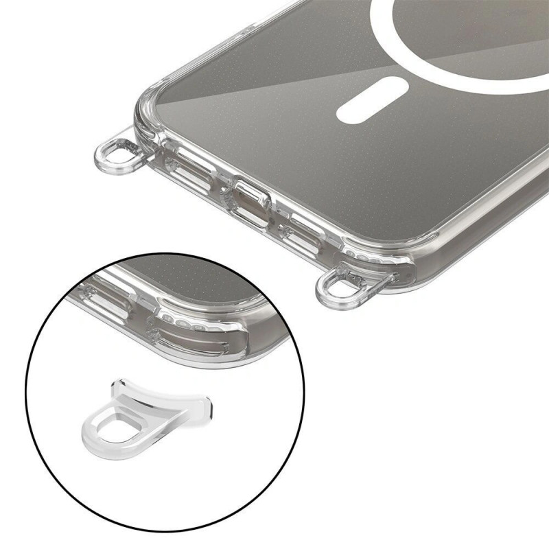 Custodia Tech-Protect FlexAir Chain MagSafe per Apple iPhone 16, trasparente, con laccetti grigi e rosa