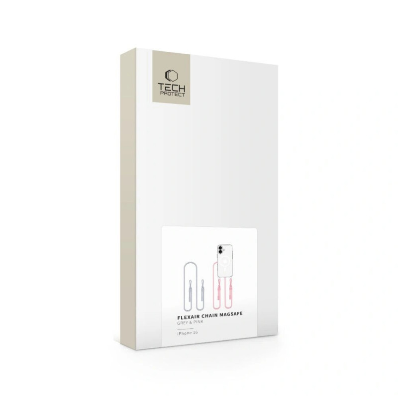 Custodia Tech-Protect FlexAir Chain MagSafe per Apple iPhone 16, trasparente, con laccetti grigi e rosa