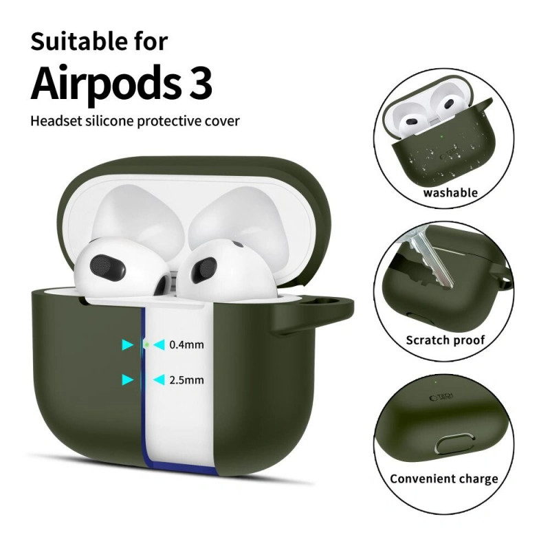 Custodia in silicone Hook Tech-Protect per Apple AirPods 3 con moschettone, verde oliva