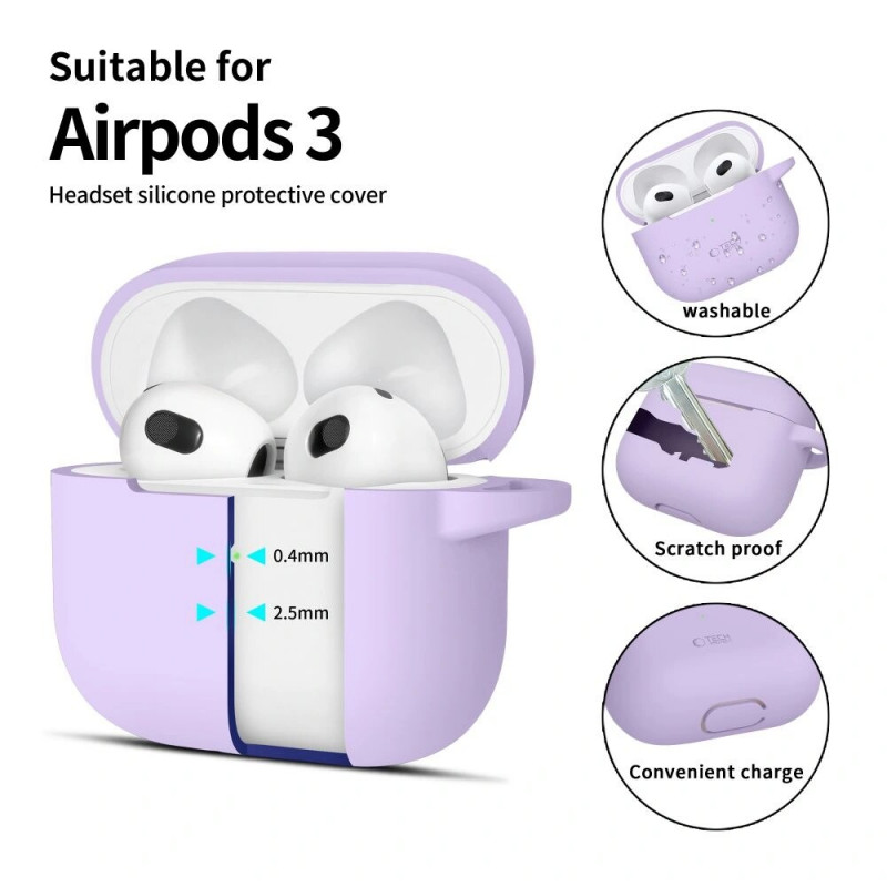 Custodia in silicone con moschettone Tech-Protect per Apple AirPods 3, lavanda