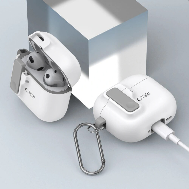 Custodia Slim Hook Tech-Protect per Apple AirPods 4, bianca