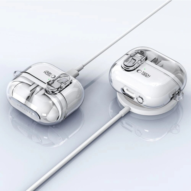 Custodia Tech-Protect FlexAir con moschettone per Samsung Galaxy Buds 3 / 3 Pro, trasparente
