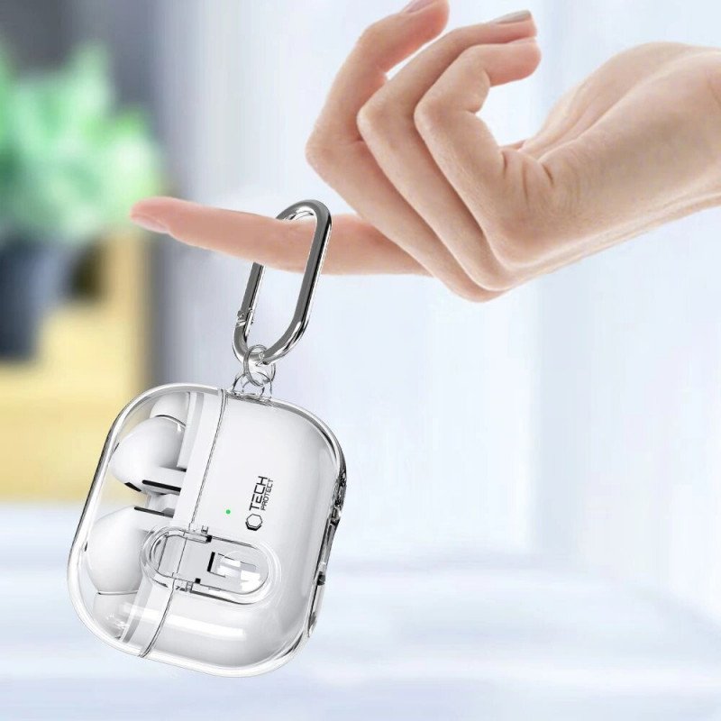 Custodia Tech-Protect FlexAir con moschettone per Samsung Galaxy Buds 3 / 3 Pro, trasparente