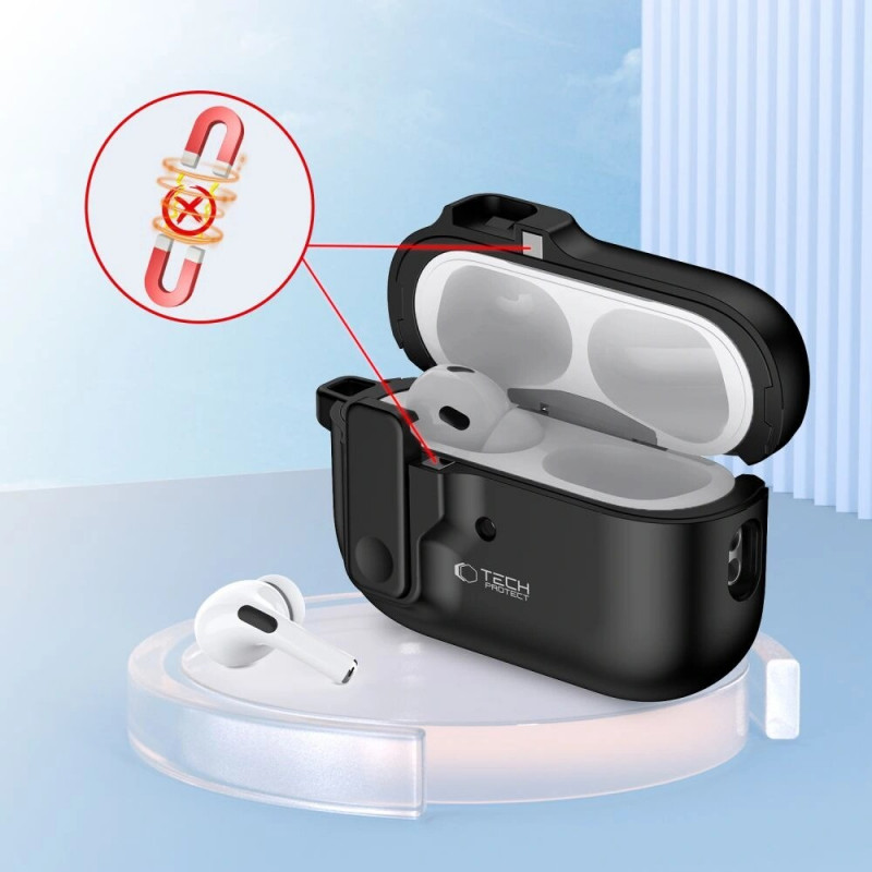 Custodia Slim Hook Tech-Protect con moschettone per Apple AirPods Pro 1 / 2, nera