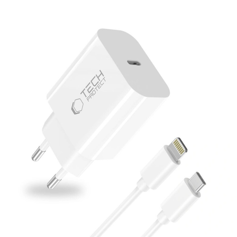 Caricabatterie da parete Tech-Protect NC20W USB-C 1 porta PD 20W con cavo Lightning, bianco, 100 cm