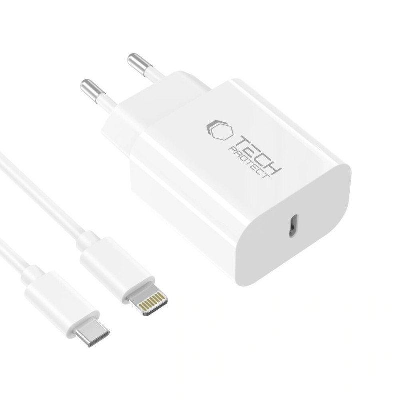 Caricabatterie da parete Tech-Protect NC20W USB-C 1 porta PD 20W con cavo Lightning, bianco, 100 cm