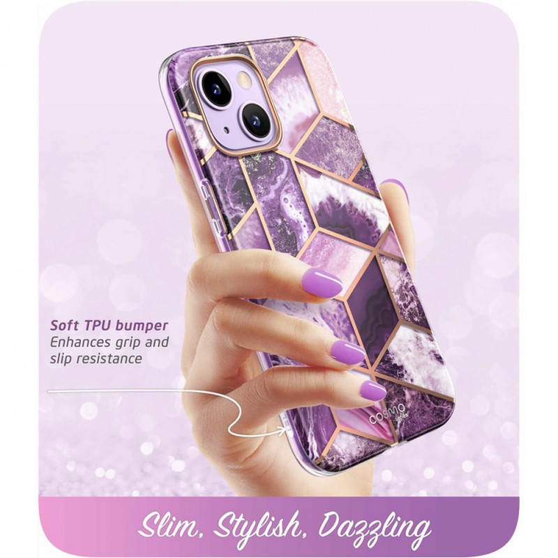Custodia Supcase Cosmo per Apple iPhone 14 Plus / 15 Plus, viola marmo
