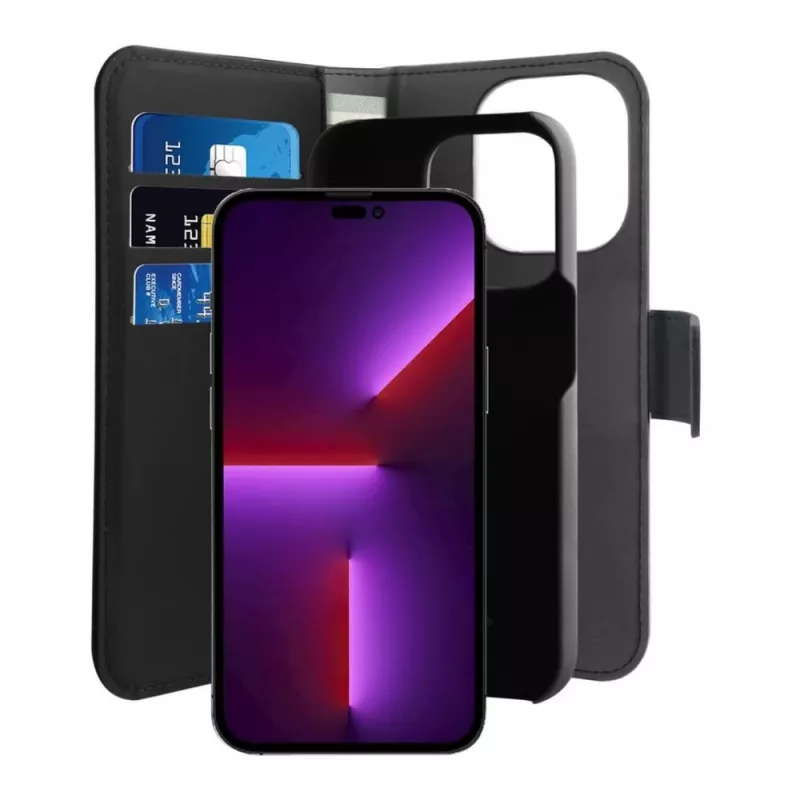 Custodia Puro Wallet Detachable MagSafe 2in1 in pelle PU con patta e portafoglio per iPhone 14 Pro Max, nera