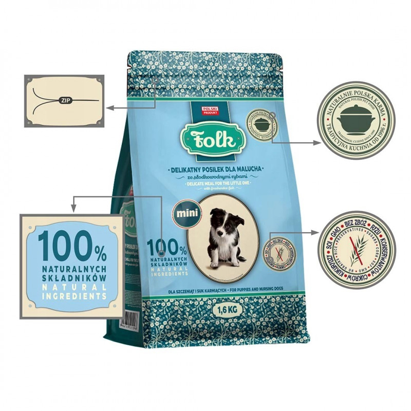 FOLK Delicate Meal per cuccioli con pesce d'acqua dolce Mini crocchette per cani, 1,6 kg