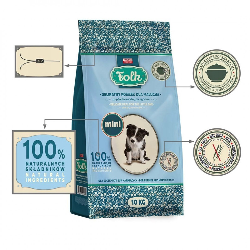 FOLK Delicate Meal for Puppies with Freshwater Fish Mini, crocchette per cani, 10 kg