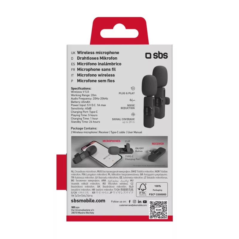 Microfoni lavalier SBS con ricevitore USB-C (2 pz), nero