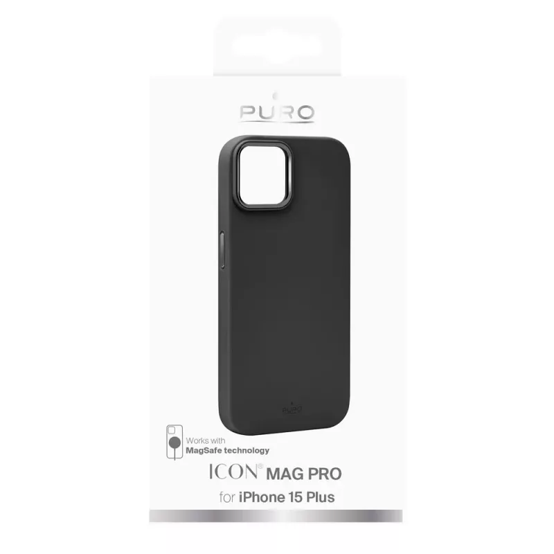Custodia in silicone MagSafe Puro Icon Mag Pro con pulsanti in metallo per Apple iPhone 15 Plus, nera