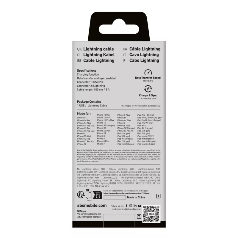 Cavo USB-A a Lightning SBS TECABLEUSBIP589A, 1 m, blu