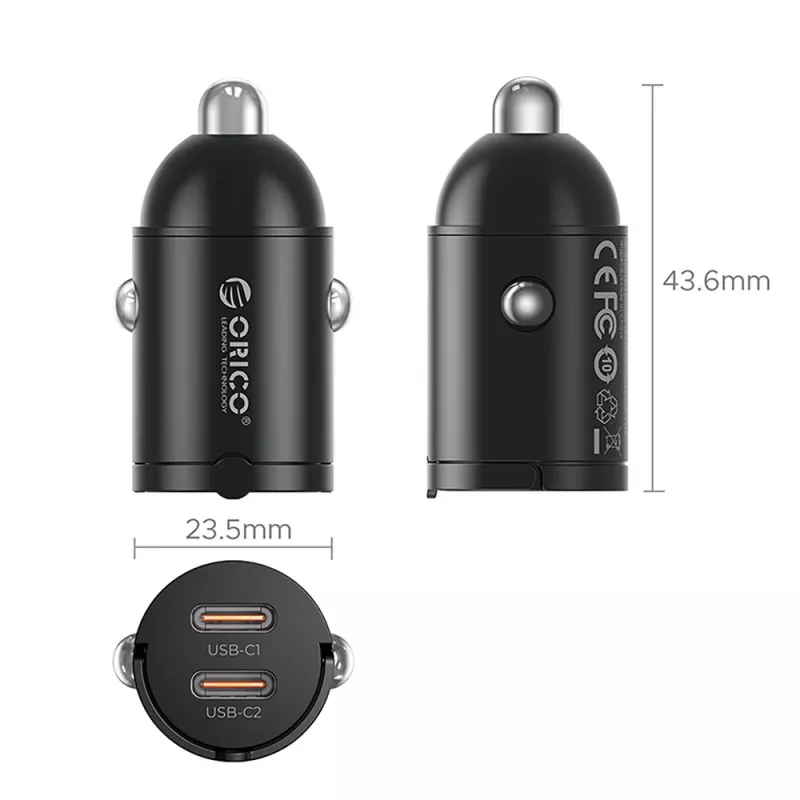Caricabatterie da auto Orico MiniRing MR-30-2C 30W 2x USB-C, nero