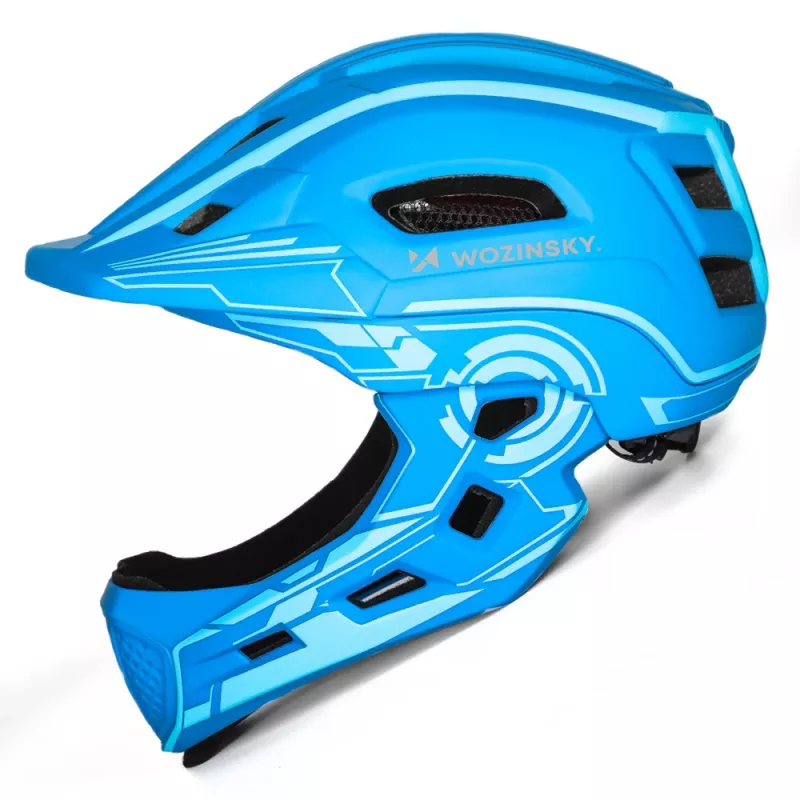 Casco da bici full face per bambini Wozinsky con luce posteriore USB, taglia S (52-56 cm), blu