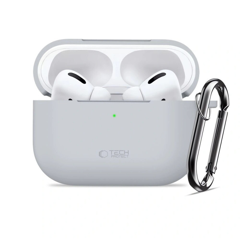 Custodia in silicone con moschettone Tech-Protect per Apple AirPods Pro 3, grigio pastello