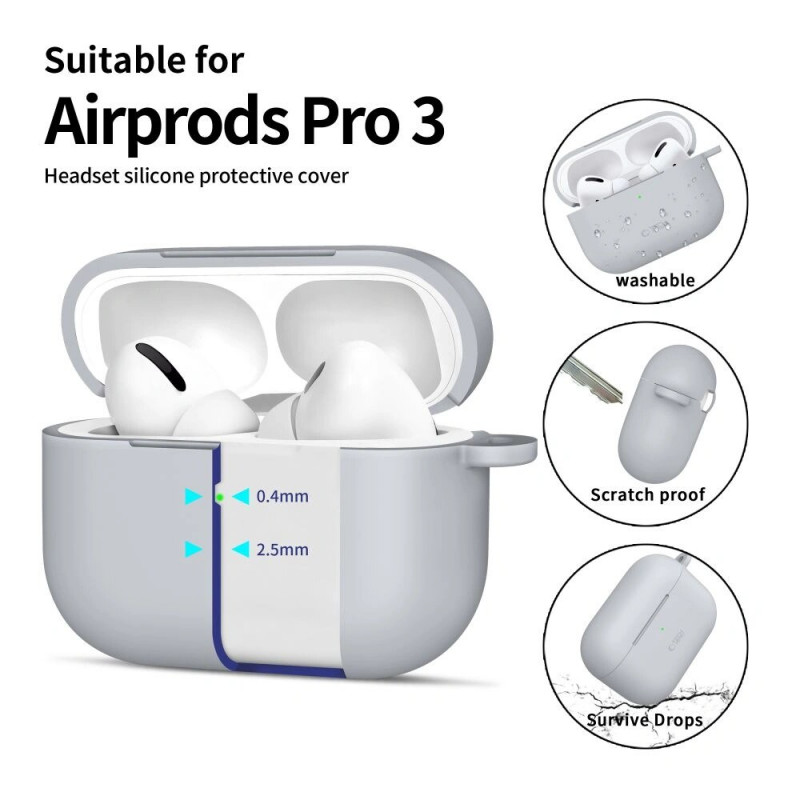 Custodia in silicone con moschettone Tech-Protect per Apple AirPods Pro 3, grigio pastello